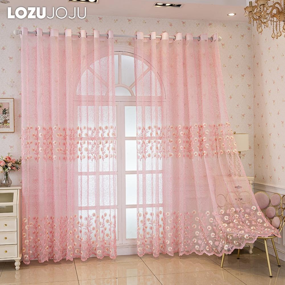 1 Stück LOZUJOJU Ländliche Blumenstickerei Transparente Vorhänge, Wellen-Spitzen-Netz-Fenstervorhänge für Wohnzimmer Schlafzimmer Balkonfenster Heimdekoration