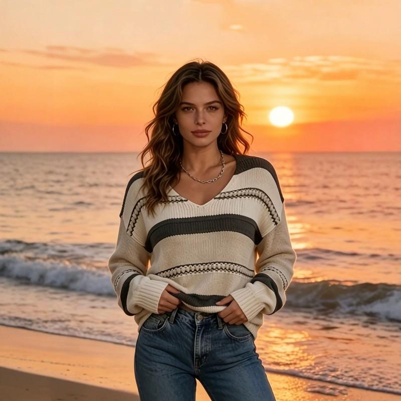 Womens V-Neck Knit Sweater Soft Loose Fit Long Sleeve Top Daily Commute