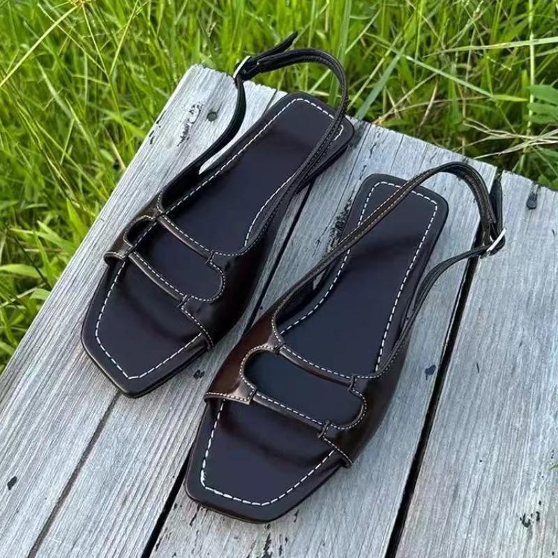 

Fashion Retro Square Toe Buckle Flat Sandals Women Fashion Sewing Slingback Brand Designer Shoes Summer Non-slip Roman Style Beach Shoes 35 чёрный