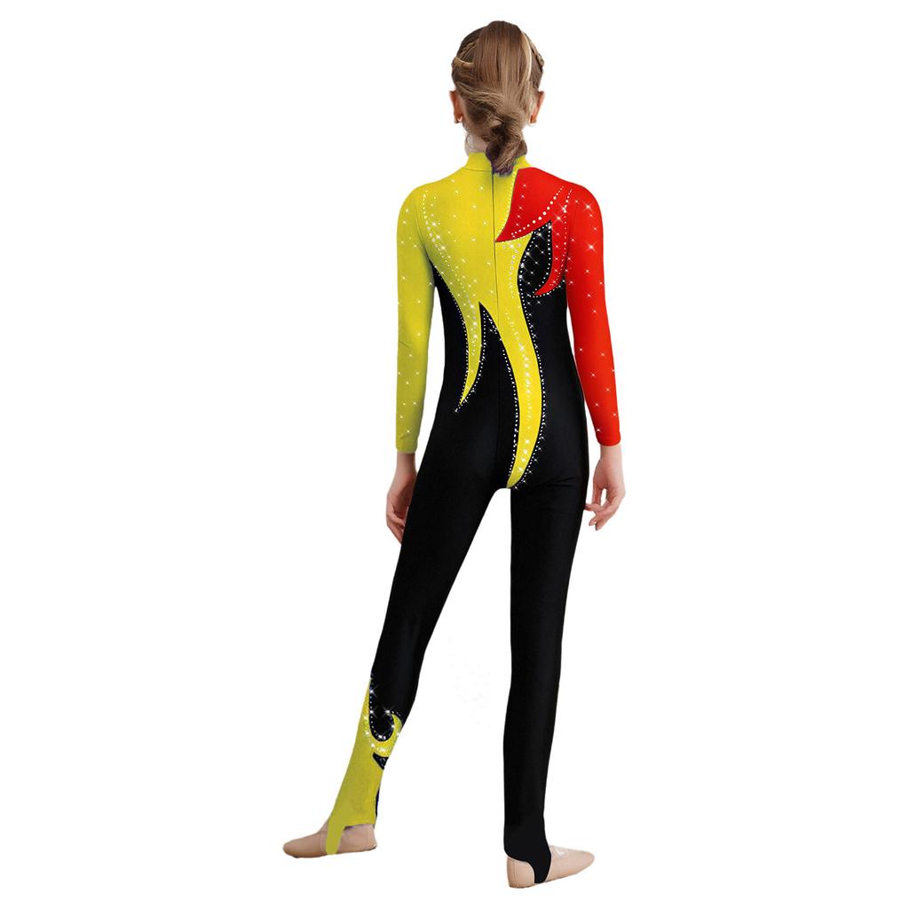 Salopetă de gimnastică pentru fete, cu blocuri de culoare, gât fals, mâneci lungi, body cu strasuri strălucitoare, leotard pentru tot corpul