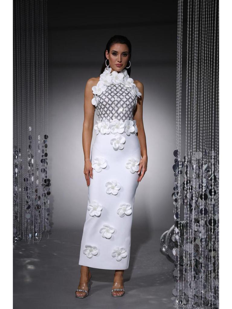 Elegant European and American Evening Gown: Sequined Floral High-End Sleeveless Long Bandage Dress
