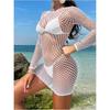 Women'S Sexy Dress White Solid Color Hollow Out Nightclub Mesh Long Sleeve Dress Ins Beachwear Bikini Cover