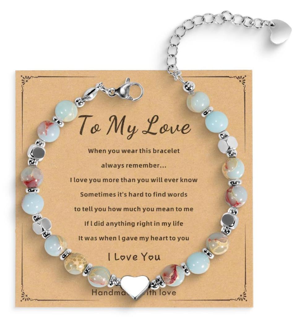 Adjustable Stainless Steel Chain Bracelet with 6mm Shoushan Stone Beads and Heart Charm