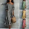 Soft Summer Dress Women Striped Long Dress, Off Shoulder Sleeve Casual Ankle Length Loose Swing with Side Pocket Daily Wear