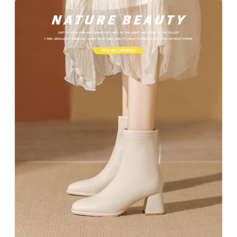 White short boots women's high heels 2025 autumn and winter new velvet square head thin boots medium thick heel short Martin boots