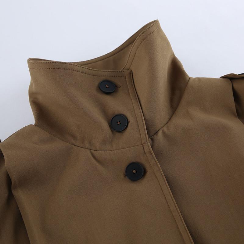 Women Pleated Lapel Pilot Jacket Loose Long Sleeve Casual Khaki Coat