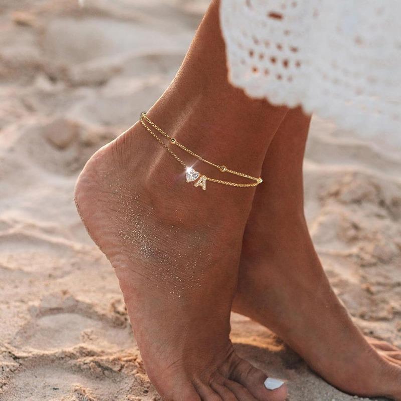 Ankle Bracelets for Women Waterproof 14K Gold Plated CZ Initial Dainty Layered Heart Anklets Foot Chain Summer Beach Jewelry