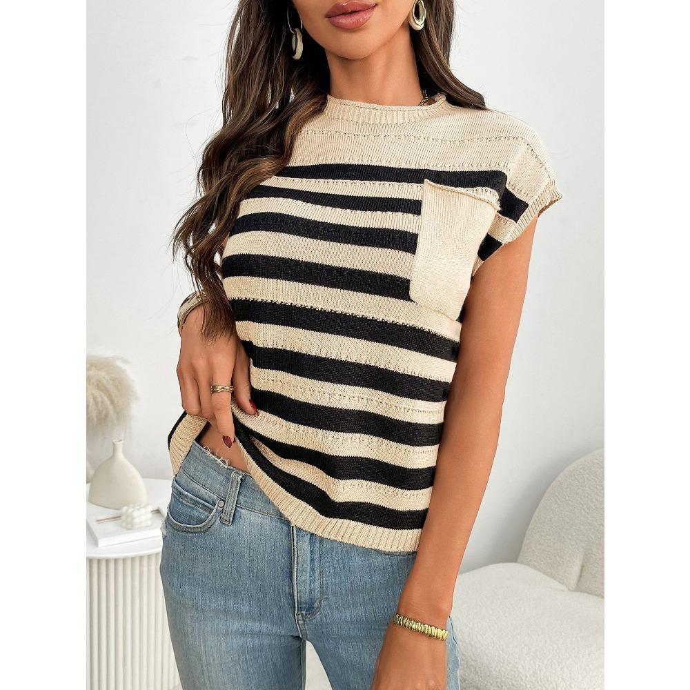 Summer New Women's Round Neck Top Knitted Casual Striped Sweater