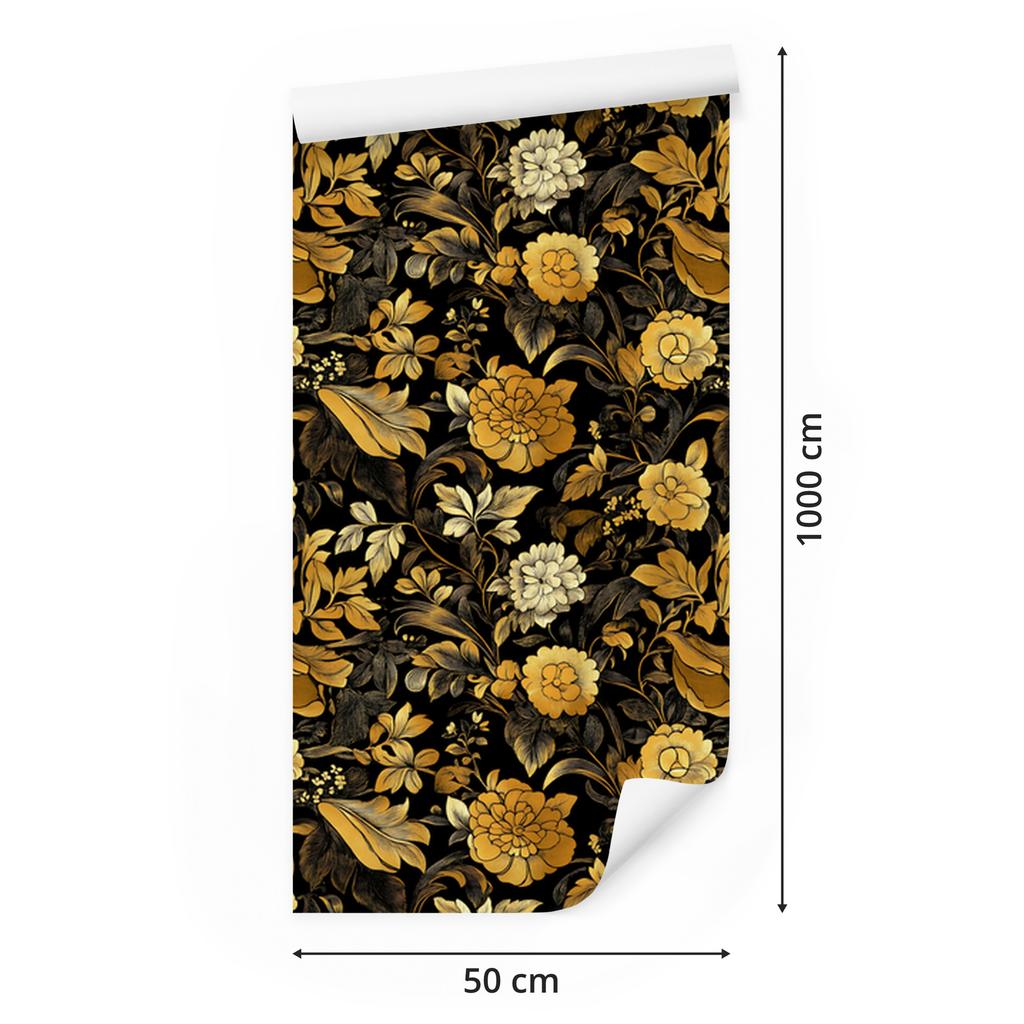 Golden Hibiscus Wallpaper Ochre, Gold, Black and Yellow 50x1000