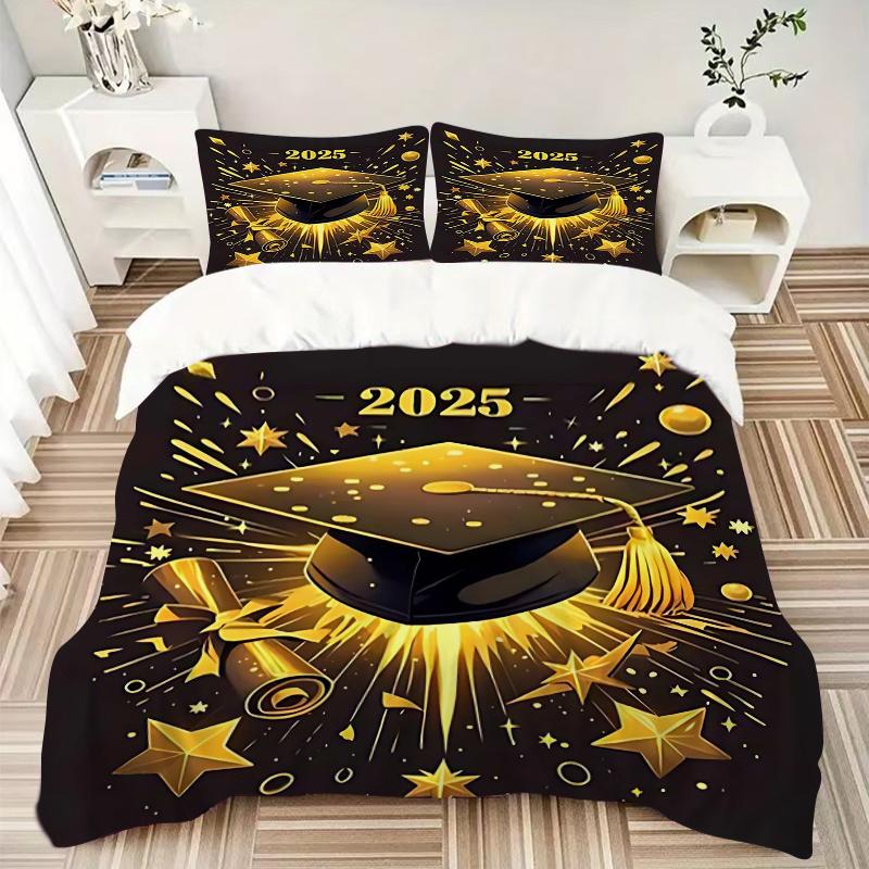 3pcs 2025 Graduation Cap & Scroll Decorative Set - Includes One Quilt Cover and Two Pillowcases (No Core) - Perfect for Home Décor, Festive Gifts, Pol