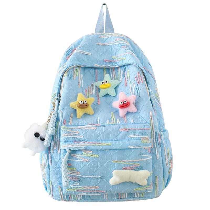Autumn New Simple Lightweight Student Backpack Junior/high School Girl Schoolbag Cute Sweet Embroidery Striped Travel Book Bags with Cartoon Pendant