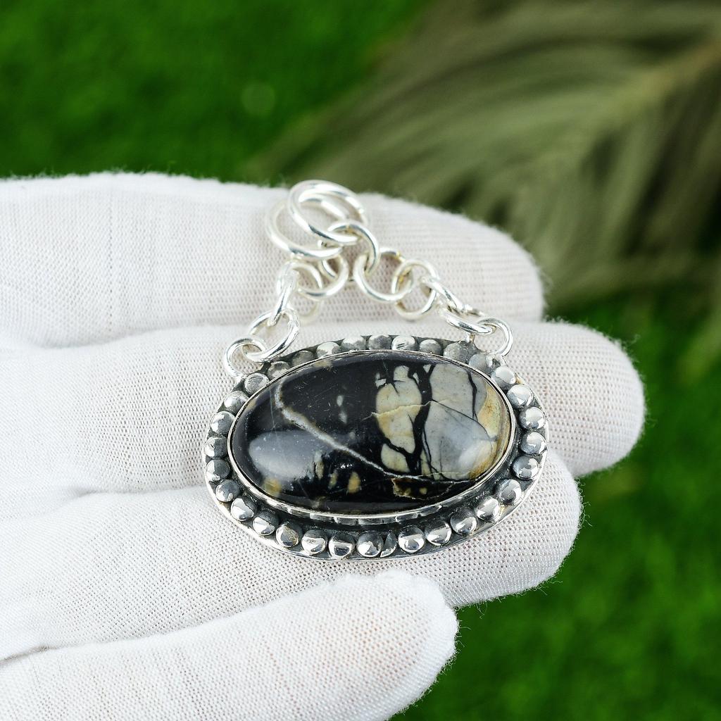 Natural Picasso Jasper Gemstone Pendant Black 925 Sterling Silver Indian Jewelry