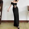 European and American Style Summer New Women's Clothing Solid Color Hollow Lace Pattern Slash Shoulder Pleated Long Dress Dress