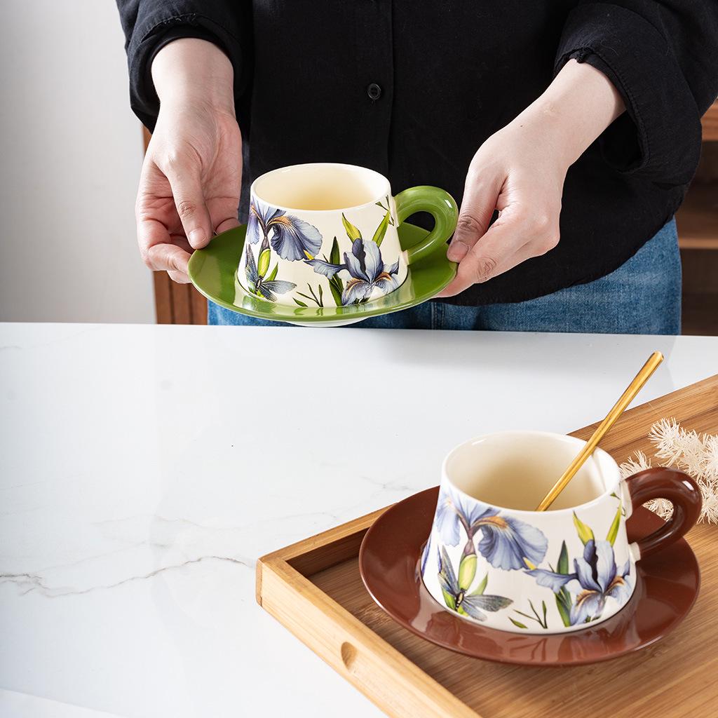 Niche Hand-Painted Floral Ceramic Coffee Cup and Saucer - Luxurious Nordic Design