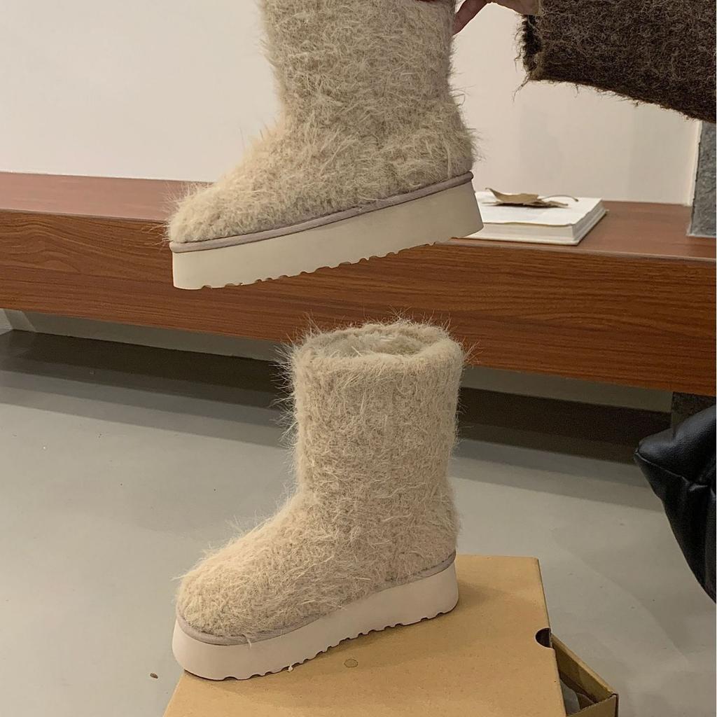 2025 Autumn and Winter New Round-headed Mink Hairy Medium Tube Warm Velvet Snow Boots Fashionable Platform Short Boots