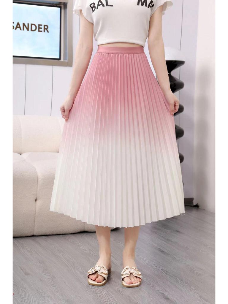 Women's Gradient Pleated Midi Skirt: Classic A-Line Slimming Design for Spring & Summer