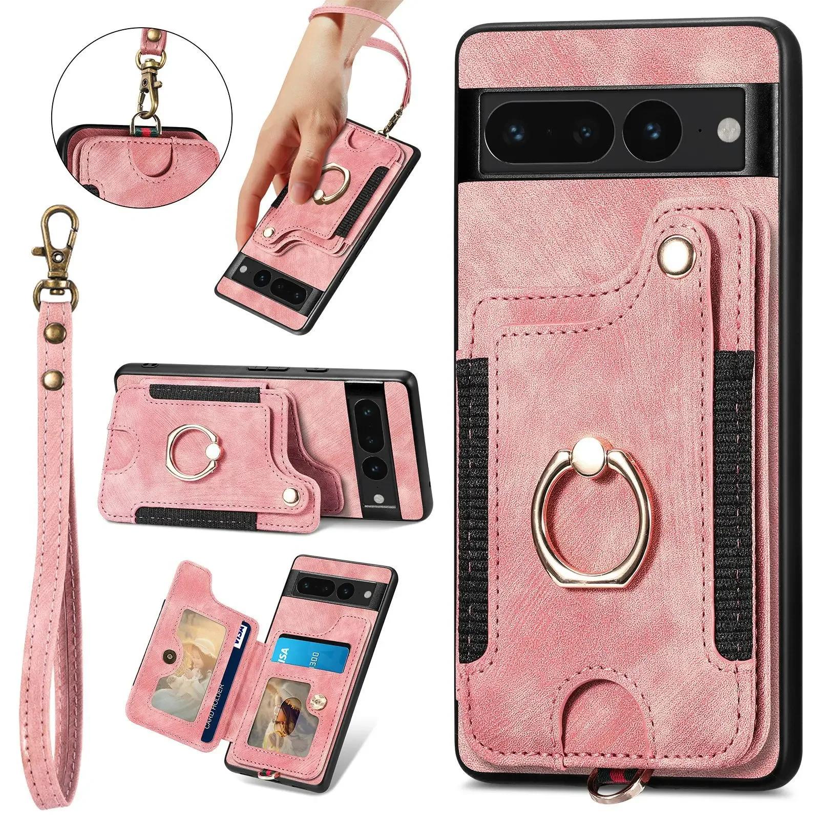 

Флип кожаный кошелек-держатель для карт чехол для телефона для Google Pixel 8 Pro 7 Pro 8A 7A 6A противоударная задняя крышка с подставкой и ремешком на запястье Google Pixel 6A розовый