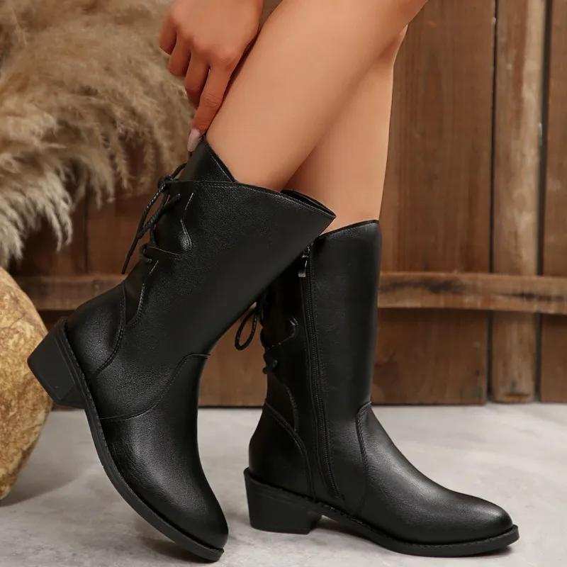High Quality PU Zip Half Boots Shoes for Women 2025 Autumn New Versatile Black Square Heel Round Toe Concise Women's Boots