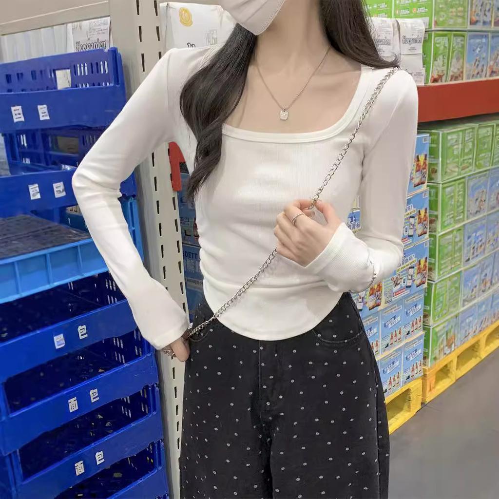 Simple square collar leaking collarbone top women's spring new card waist pleated small long-sleeved T-shirt bottoming shirt