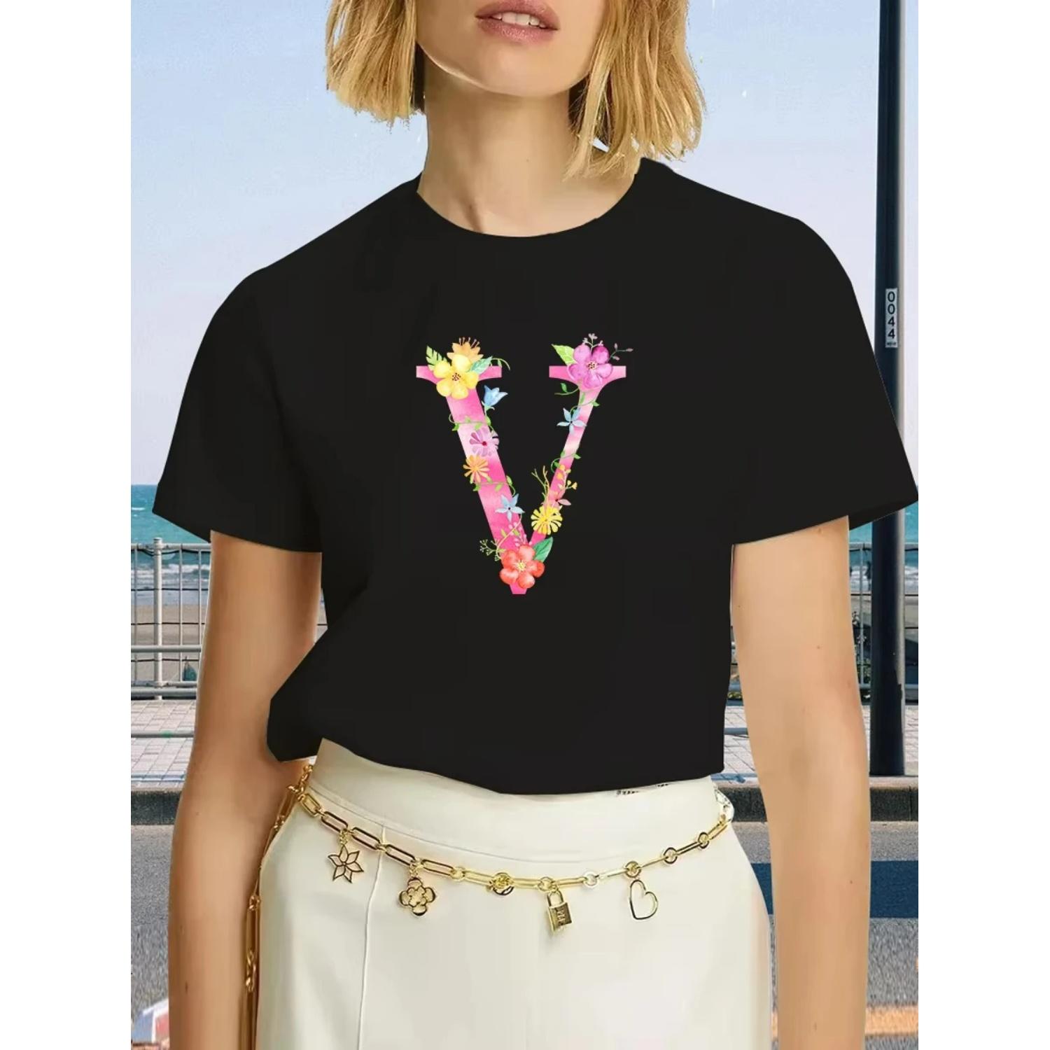 Women s Letter V Printed T-shirt Fashion Plus Size Casual Letter Pattern Summer Cotton Loose Harajuku Styles Oversized Tops S