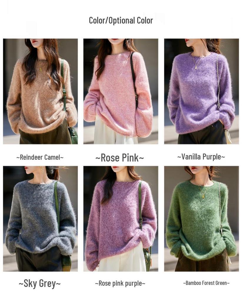 Women's Seamless Wool-Cashmere Blend Sweater - Round Neck, Seven Gauge, Thickened Slub Yarn, Brushed Fleece, Ideal for Autumn and Winter.