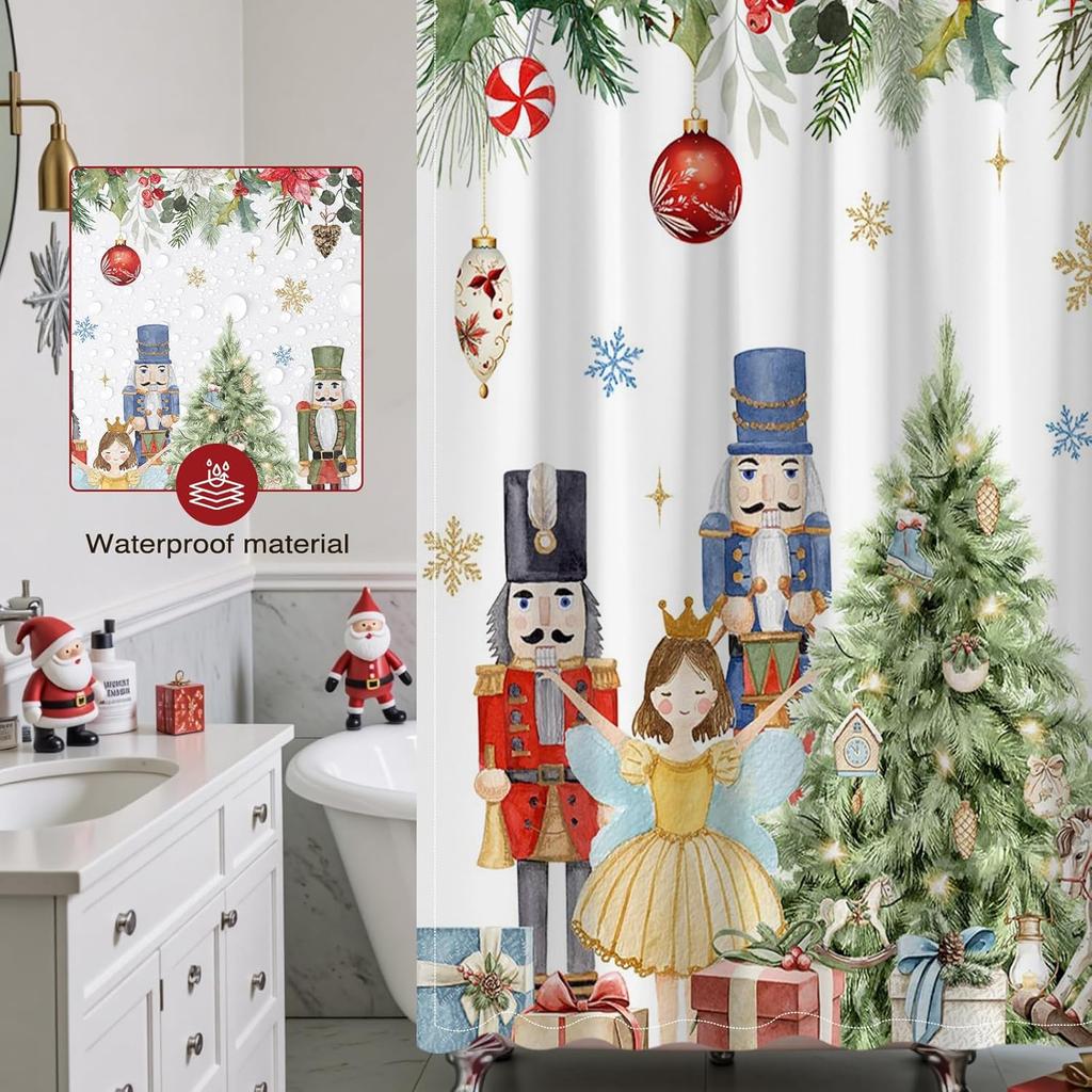 Cute Nutcrackers Xmas Balls Snowflake Shower Curtain With Winter Pine Design, Christmas Bathroom Decor For Festive Holiday Style