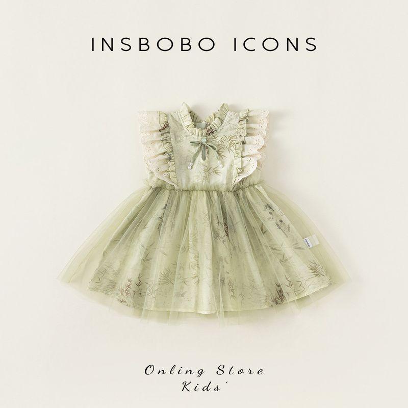Insbobo Girl Chinese Flounced Sleeve Summer Dress Dress Green 80