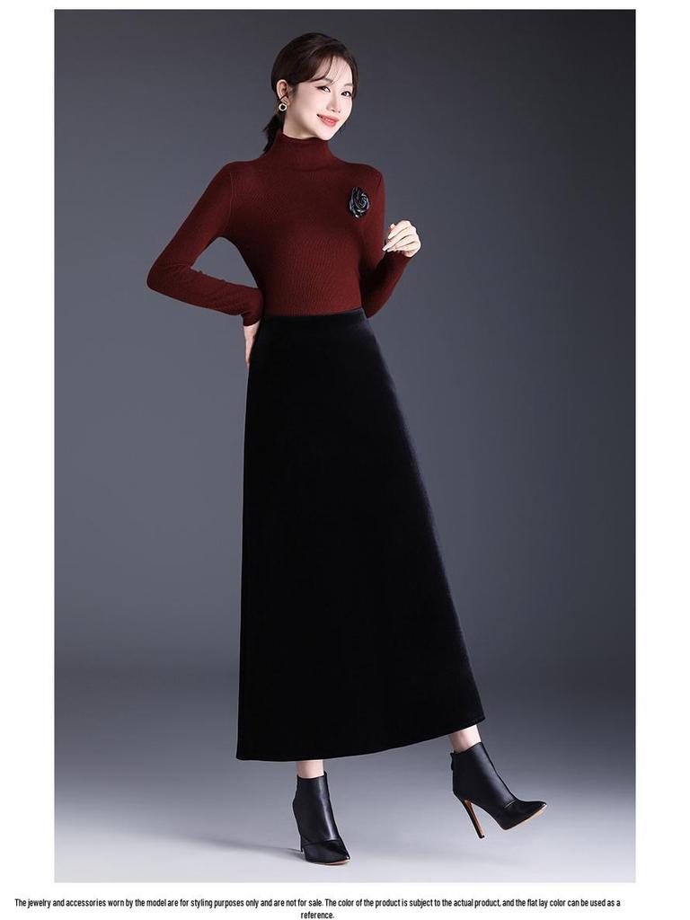 Golden Velvet A-line Skirt, Winter 2025, Elegant Korean Style, High-Waisted, Mid-Length, Slimming, Large Hem.