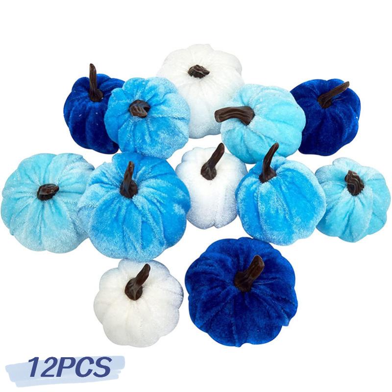 

Искусственные 12 шт. Бархатные тыквы Хэллоуин Осенний урожай Осенние украшения Стол Blue