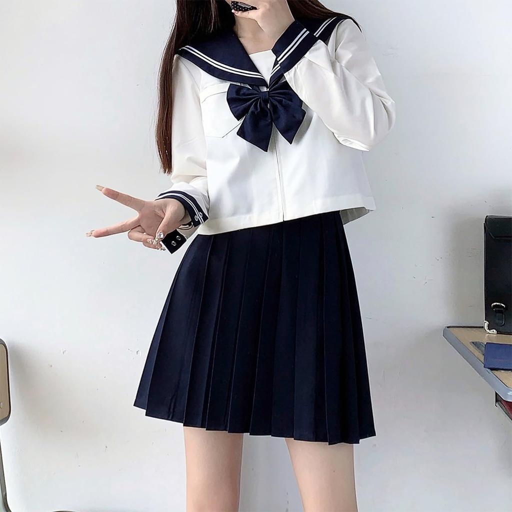 GSYCL Matrosen Marine Lang Kurz High School Schleife JK Oberteil und Unterteil Perfekt für Kulturell Plus Niedlich Ärmel Uniform, Blau, Ärmel, Ärmel, Mädchen, Krawatte, 3-teilig