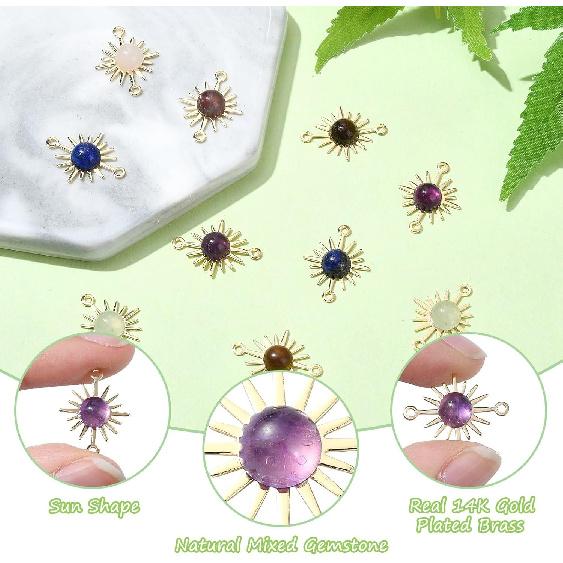 Ipotkitt 30 Pcs Natural Mixed Gemstone Connector Charms Sun Stone Charms Links Celestial Stone Charms for Jewelry Making DIY Craft Findings