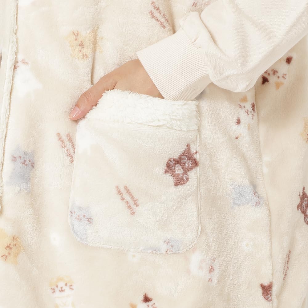 FUKU FUKU NYANKO Flannel Loose Comfortable Sizes Cat Fluffy Happins Vest, Sleeveless, Collared, Warm, Fit, Loungewear, M-L, Design, Beige, Pink, Cute,