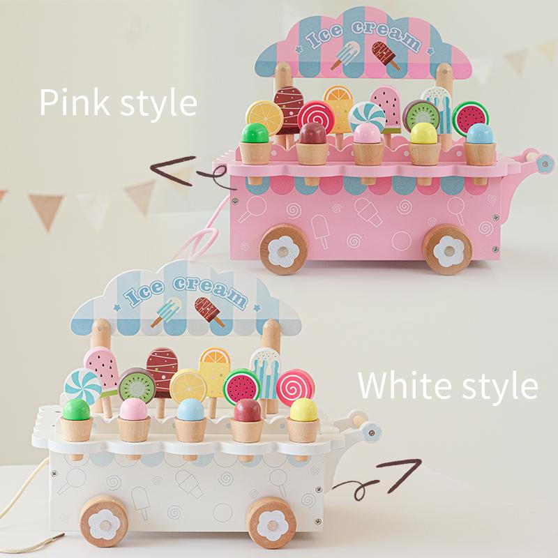 Simulation ice cream cart pretend play toy, wooden puzzle classic game, ice cream vending set, children's gift