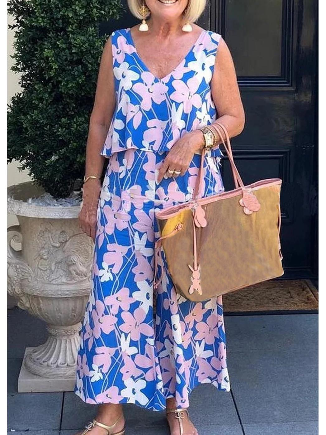 

2025 European Floral Print Plus Size Women s Summer Jumpsuit: Casual Loose Wide-Leg Pants Set 5XL квітковий колір друку