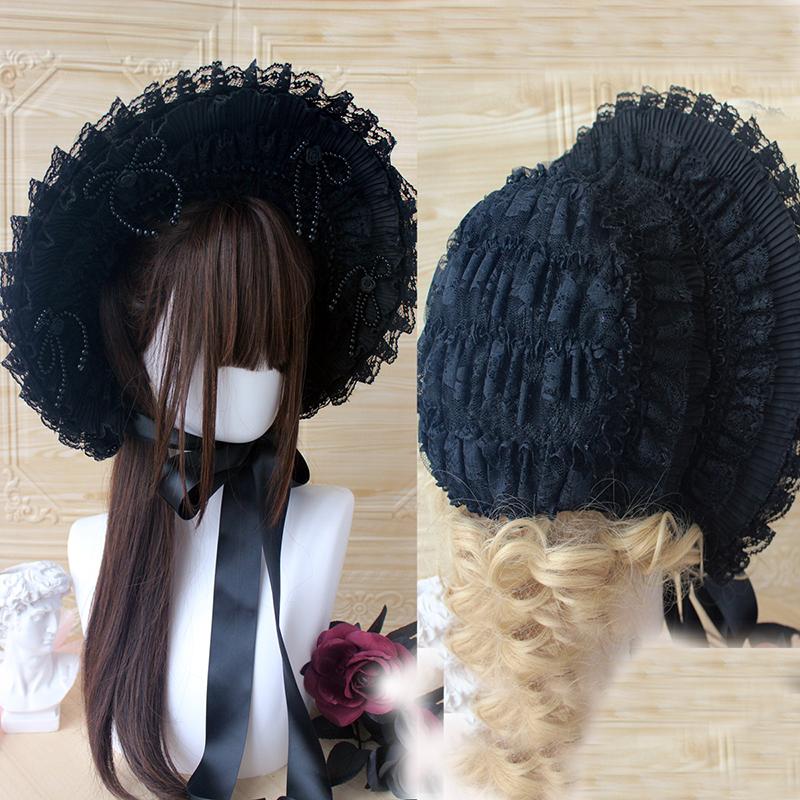 

Dark Black Girl Gothic Bonnet Hat Vintage Victorian Cosplay Lolita Gorgeous Lace Hat Headwear чёрный