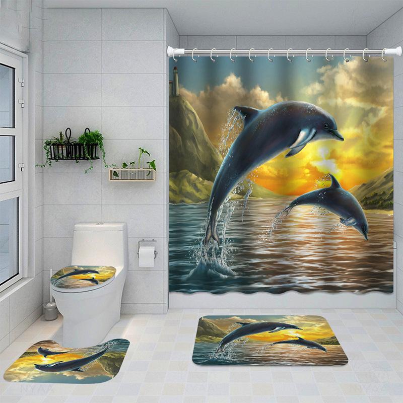 Dolphin 3D Digital Printing Shower Curtain Shower Curtain Dolphin Non-Slip Mat Four-Piece Set