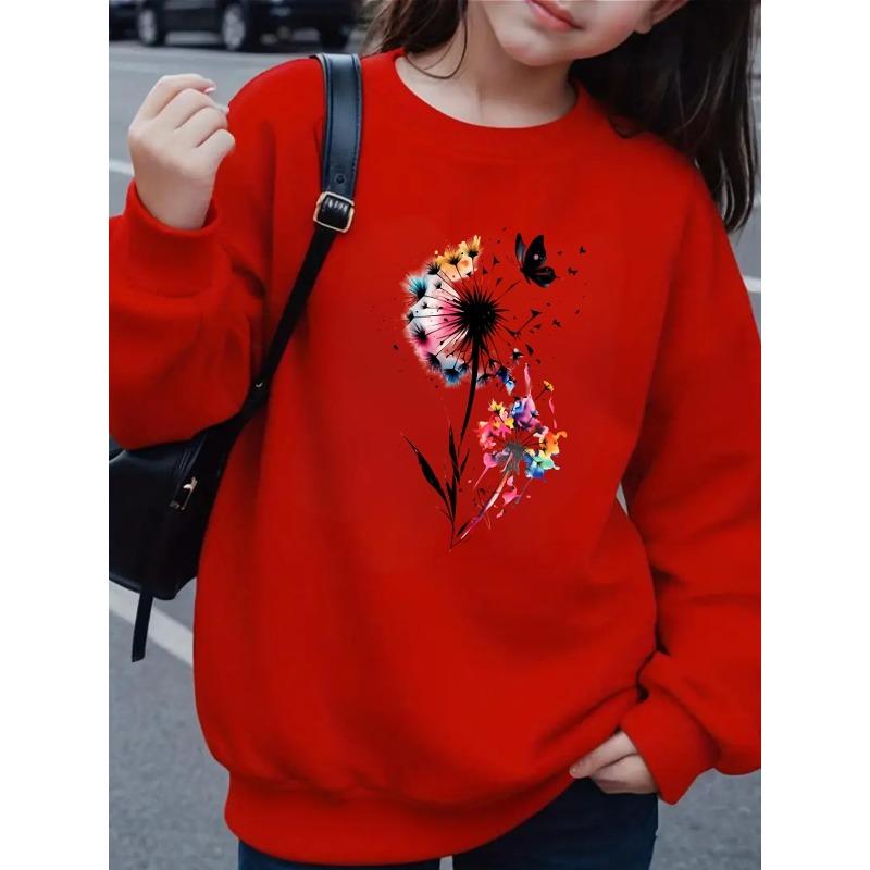 Kids Girls Crewneck Sweatshirt, Watercolor Rainbow Dandelion And Black Butterfly Print Soft Fleece Pullover