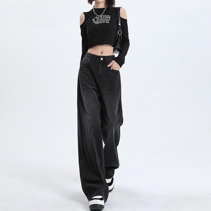 Black and gray high-waisted wide-leg jeans for women's spring, new loose and thin straight extended pants