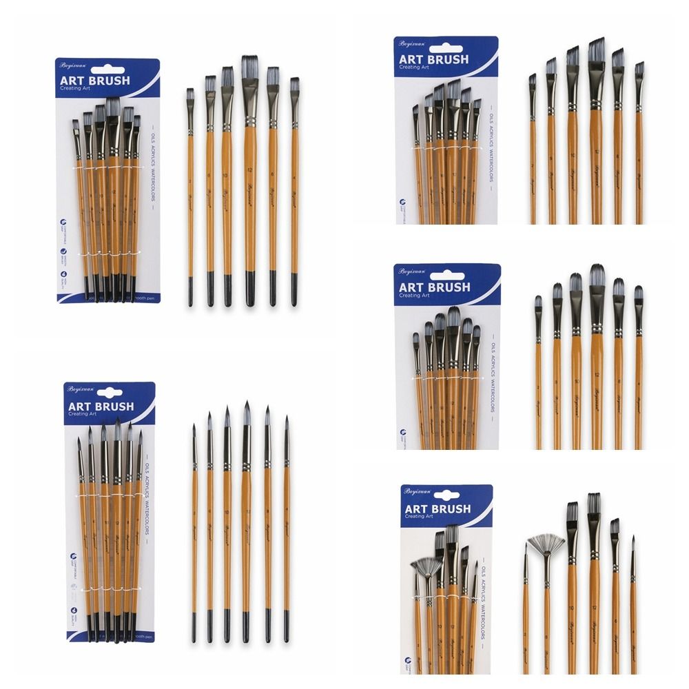 Wooden Handle Acrylic Oil Brushes Round Head Art Paint Brushes 6pcs/set Art Supplies  Artist