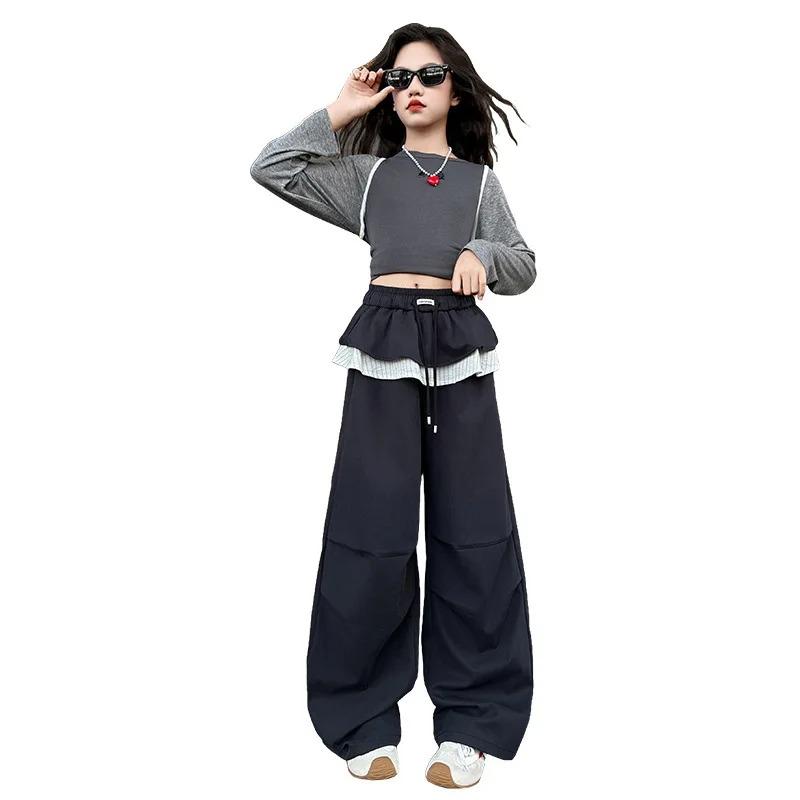 Pantaloni Cargo Autunnali per Bambini Ragazze Pre-adolescenti Streetwear Pantaloni Lunghi Pantaloni della Tuta per Adolescenti Decorazione Finta Gonna Pantaloni da Ginnastica per Bambini
