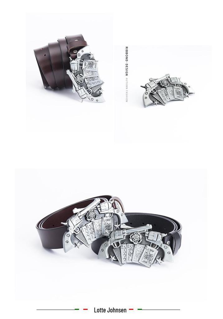 Western Cowboy Double Gun Zinc Buckle Cowhide Belt for Men - Casual Adult Style