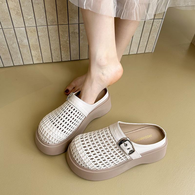 Muffin Plateau Loafer Damen Fischernetz Neu Frühling und Sommer Explosion Retro gewebte Taschenkopf Halbschuhe Kleine Sandalen