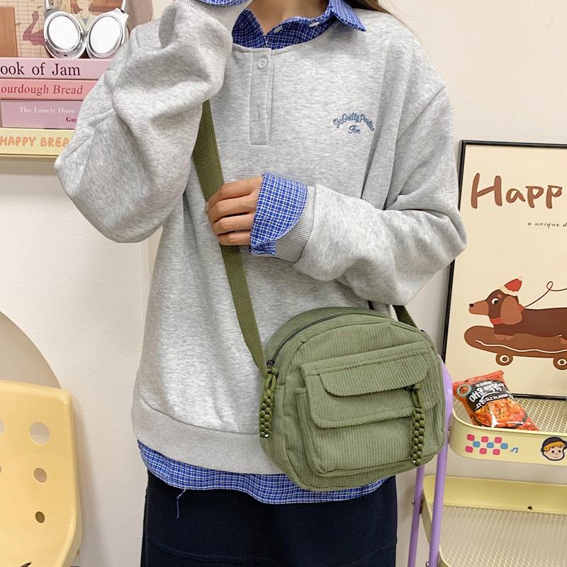 Vintage Corduroy Crossbody Bag for Students: Japanese Style, Versatile, Canvas, Small Phone Holder