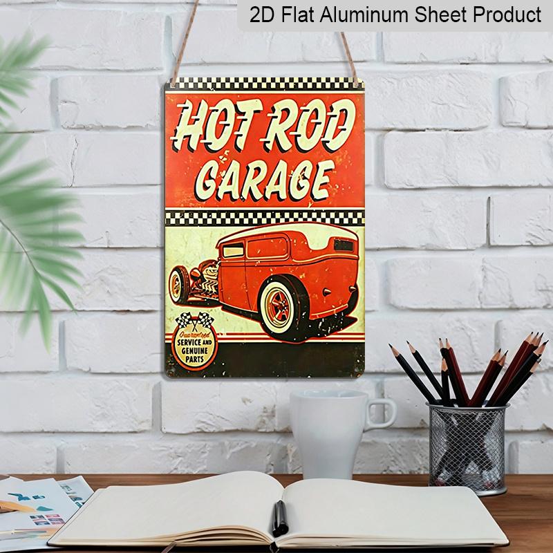 2D Flat, 1pc Vintage Hot Rod Garage Metal Sign - 8x12 Inch Retro 1950s Style Classic Hot Rod Car & Checkered Racing Design - Durable Aluminum Wall