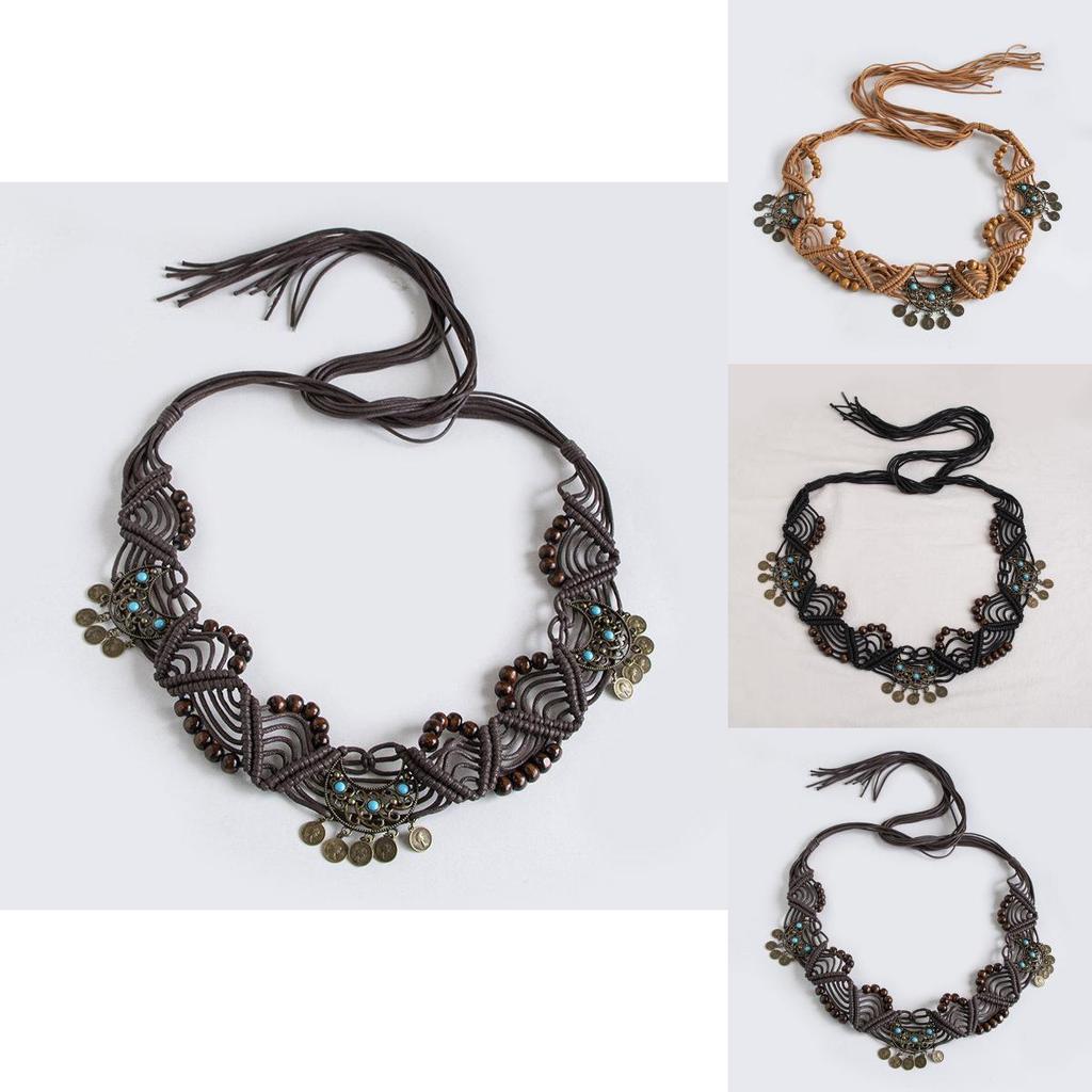 Bohemian Waist Belt Ethnic Style Handwoven With Coin And Moon Details For Vacation Wear