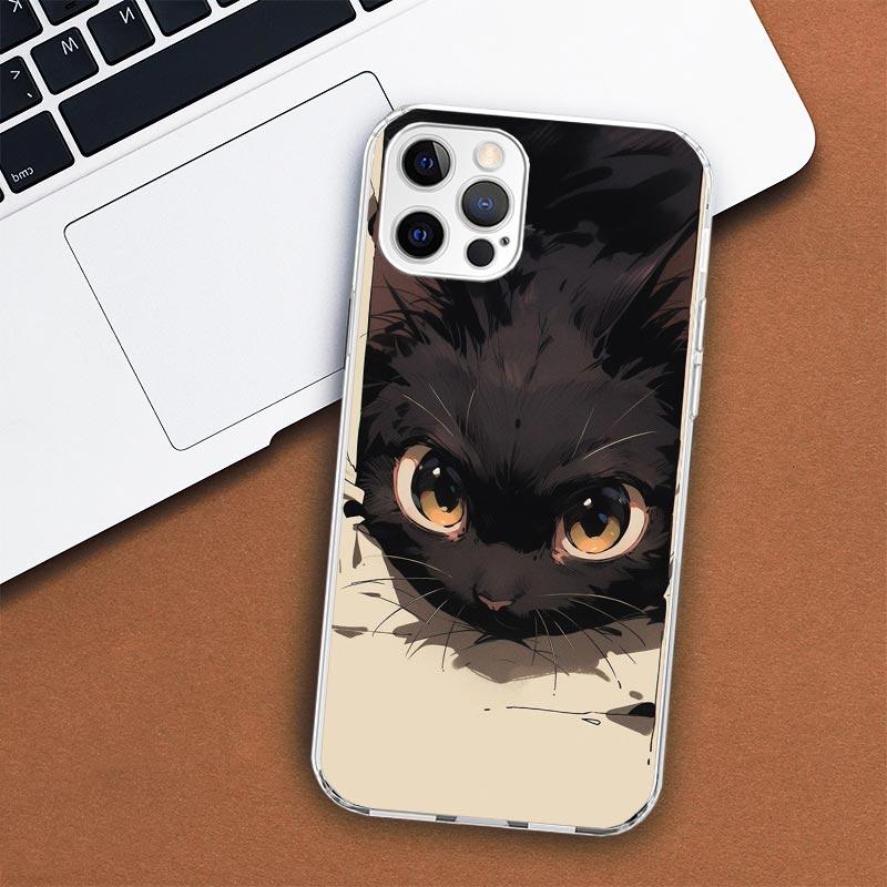 Anime Cute Black Cat Meow Phone Case For Apple iPhone 11 12 13 15 14 Pro 7 XR X XS Max 8 Plus + Mini SE Customized Print Soft Co
