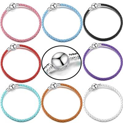 Bracelet Chaîne en Cuir Fermoir Rond Argenté Charms Perles DIY Jonc Pour Femmes Hommes Cadeau Accessoires Bijoux