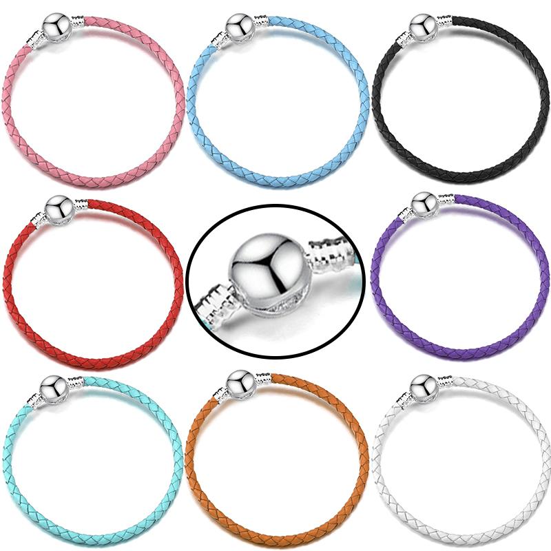 Silver Color Round Clasp Shaped Leather Chain Charm Bracelet Fit Beads DIY Brand Bracelet Bangle for Women Men Gift Dropshipping