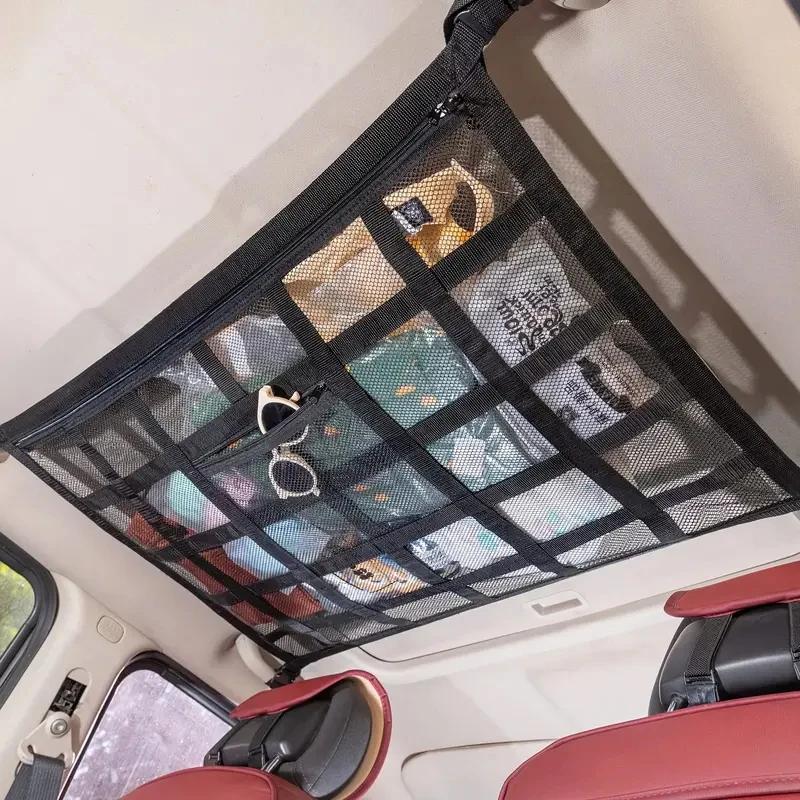 Car Ceiling Cargo Net Upgrade Pocket Strengthen Load-Bearing Droop Less Double-Layer Mesh Roof Storage Organizer For Car Truck