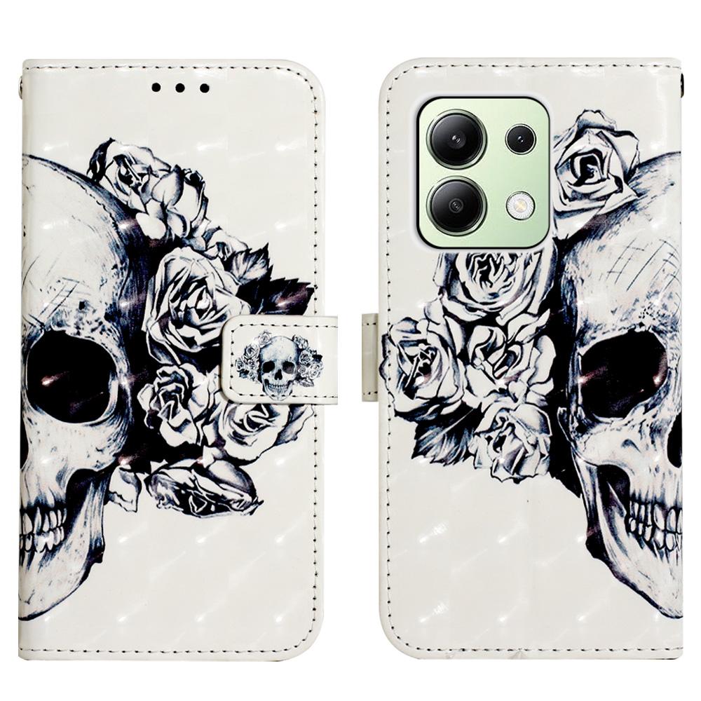 

For Xiaomi Redmi Note 13 4G Leather Case 3D Pattern Printing Wallet Stand Mobile Cover with Strap Skull